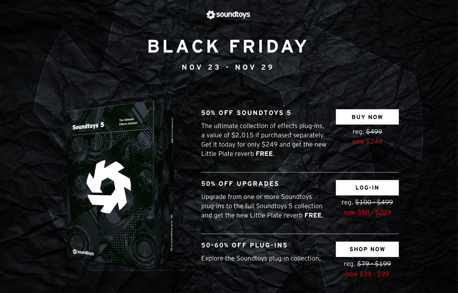 【今だけ半額】Soundtoys ブラックフライデー2017「SoundToys 5」が50%OFF