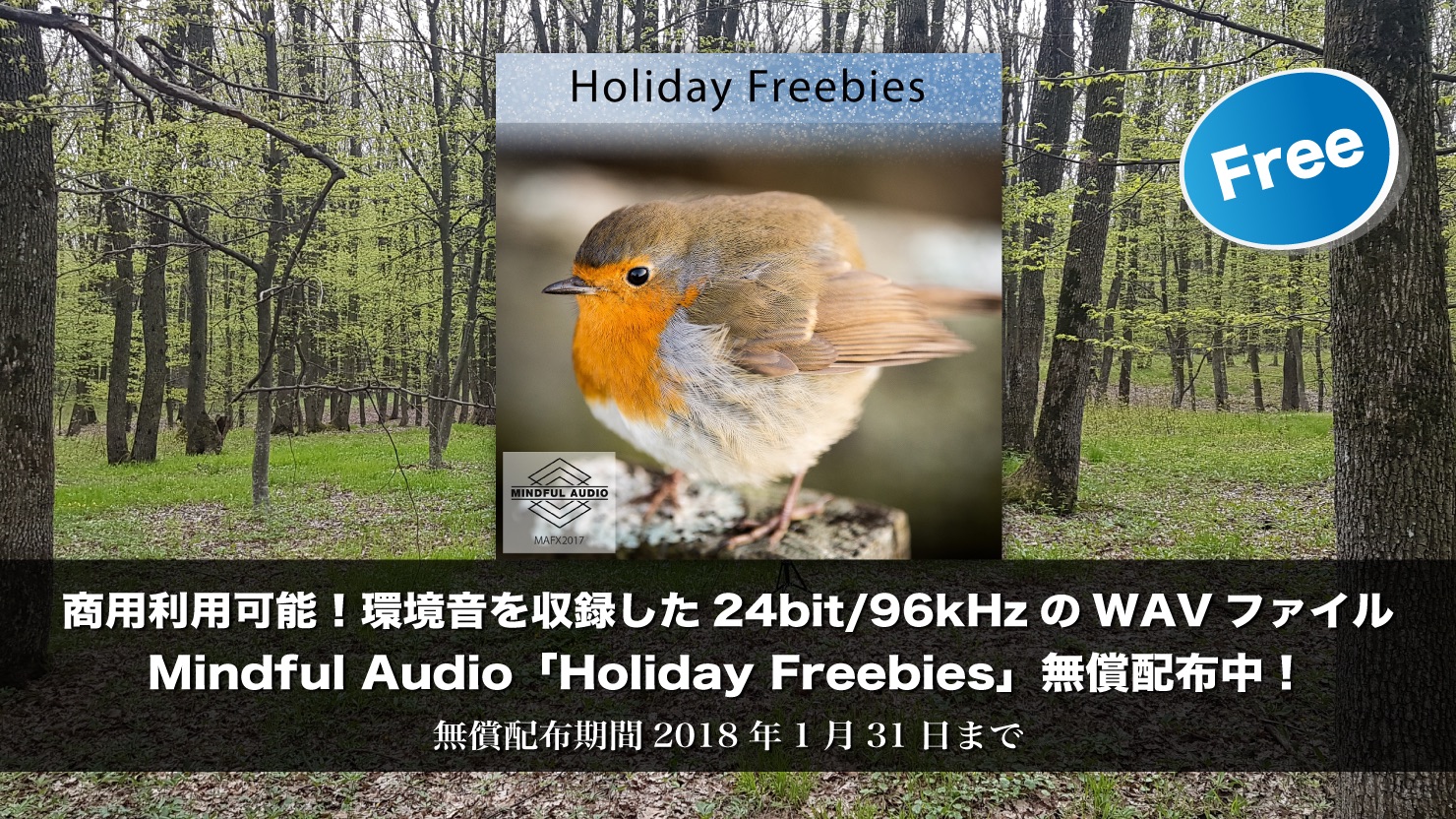 【期間限定・無料】商用利用可能!環境音を収録した24bit/96kHzのWAVファイルが約3GB!Mindful Audio「Holiday Freebies」無償配布中!
