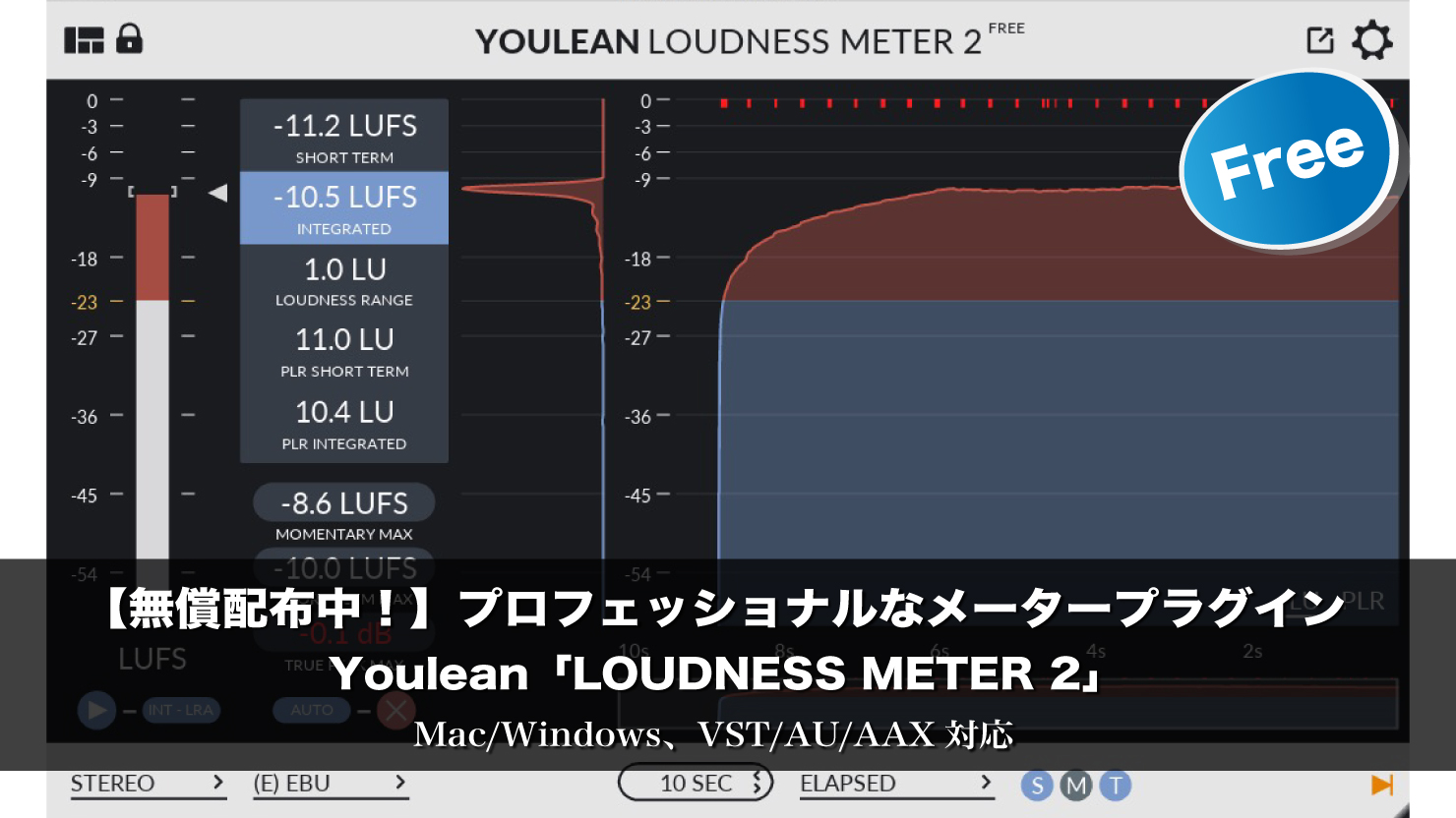 【無料】プロフェッショナルなメータープラグイン。Youlean「LOUDNESS METER 2」