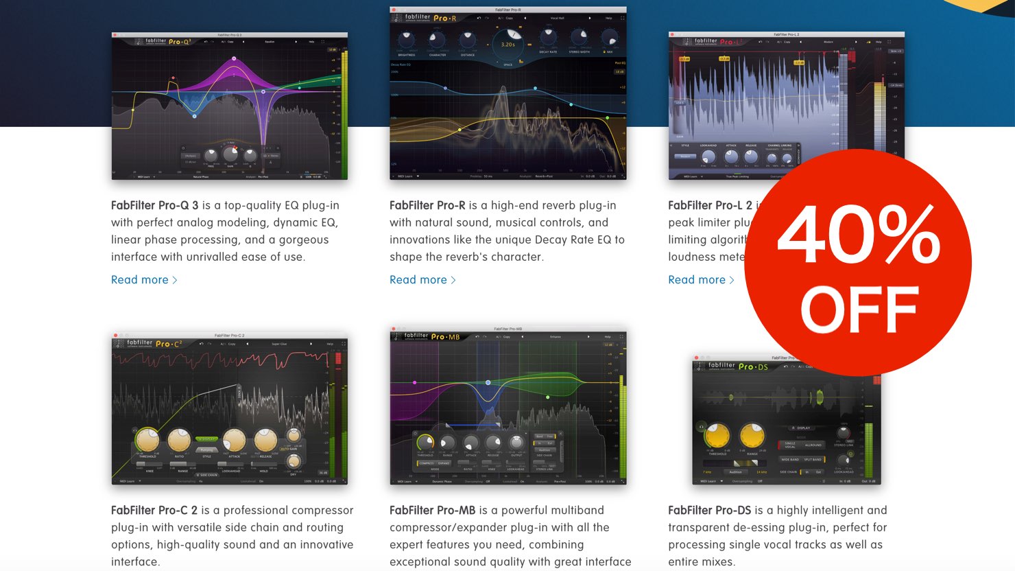 Pro-Q3など全てのプラグインとバンドルが40%OFF!FabFilter 創立15周年記念セール